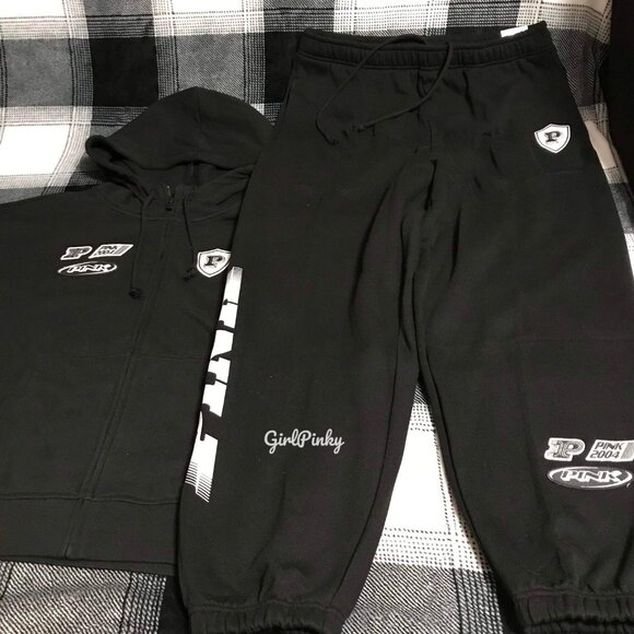 victoria secret PINK RACING sweatpants OUTFIT & FULL ZIP IN BLACK SIZE SMALL - Picture 12 of 12